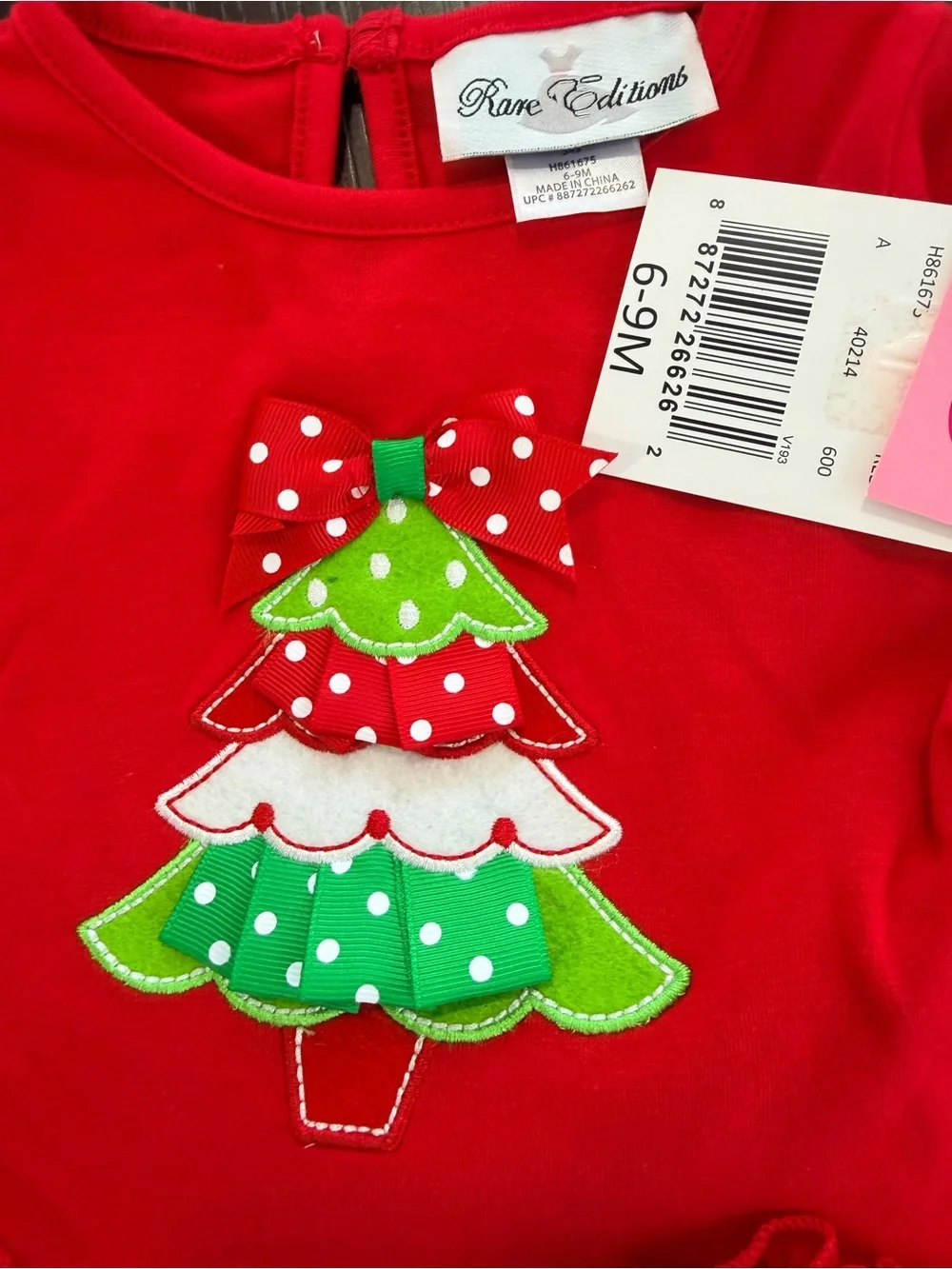 Rare Editions Red and Green Holiday Tree Top & Polka Dot Leggings Set 6-9M.